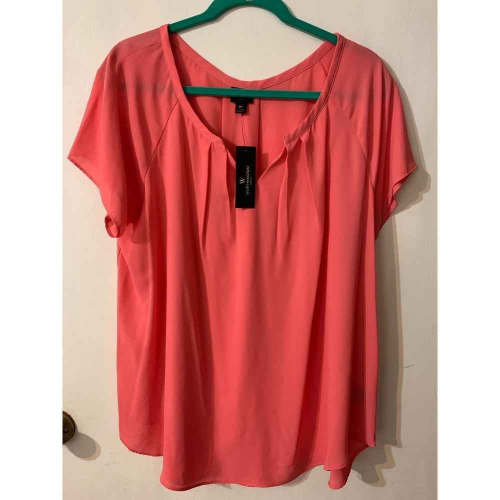 Worthington Woman Amanda Coral Top 0X NWT Short Sleeve V Neck Tucked Bodice